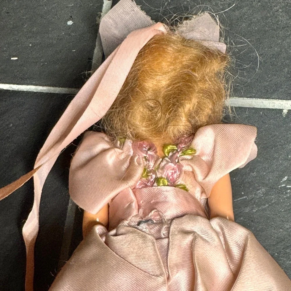 Vintage Composition Doll Pink Satin‎ Gown Floral Embroidery 7.5 Inch Blue Eyes